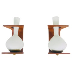 Pair of Midcentury Teak and Opaque Glass Wall Lamps Stilnovo Attributed, Italy