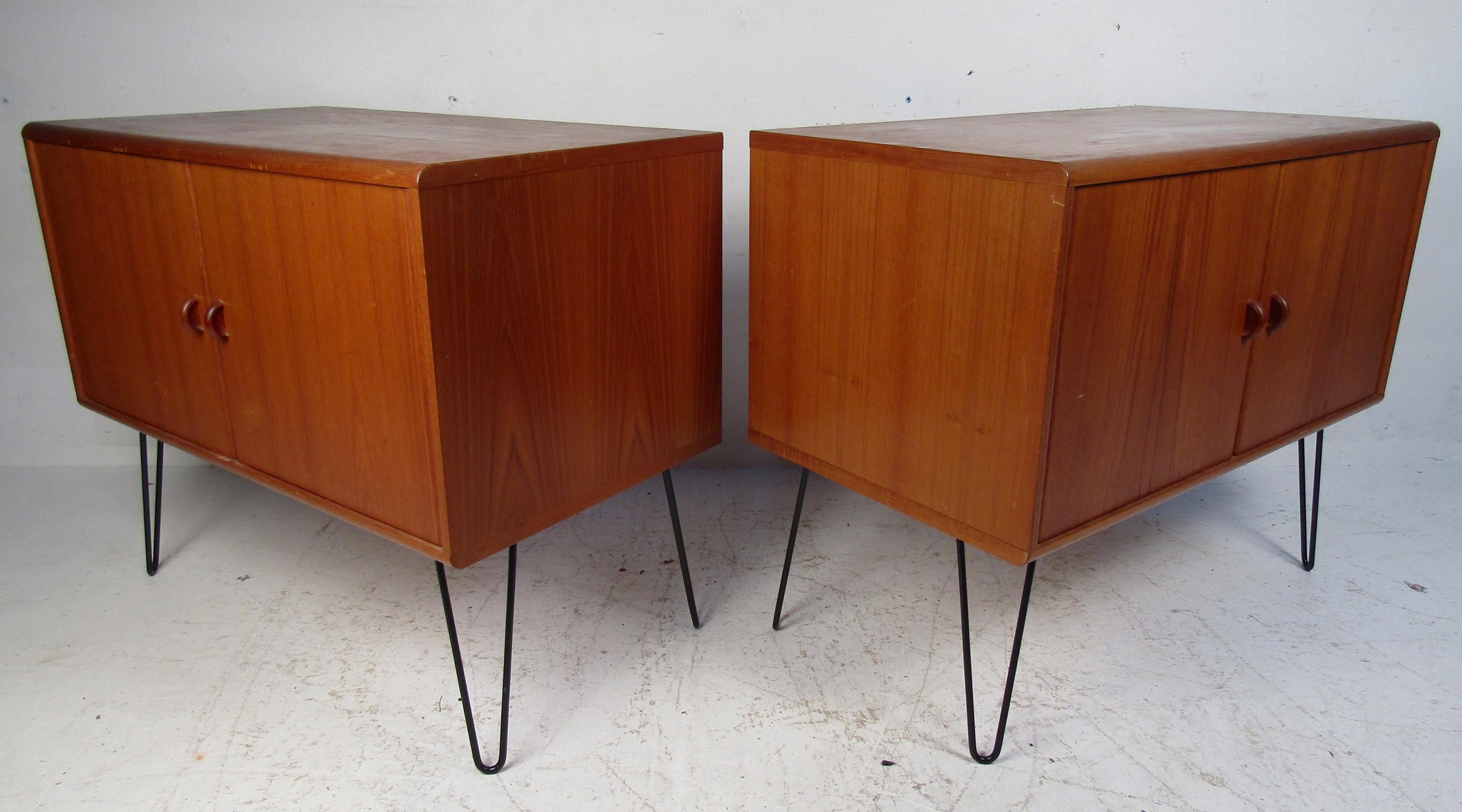 Mid-Century Modern Pair of Midcentury Teak Cabinets with Hairpin Legs For Sale