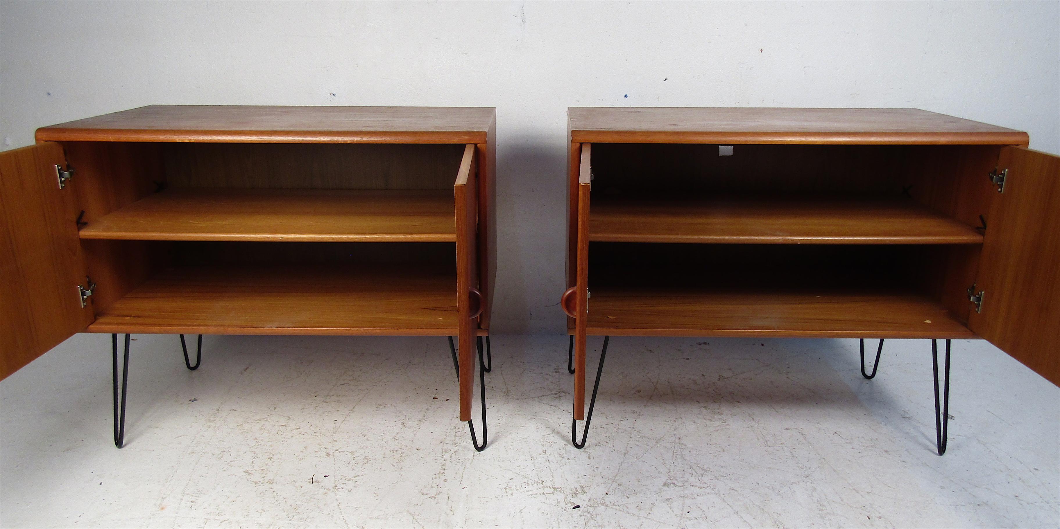 Mid-Century Modern Pair of Midcentury Teak Cabinets with Hairpin Legs For Sale