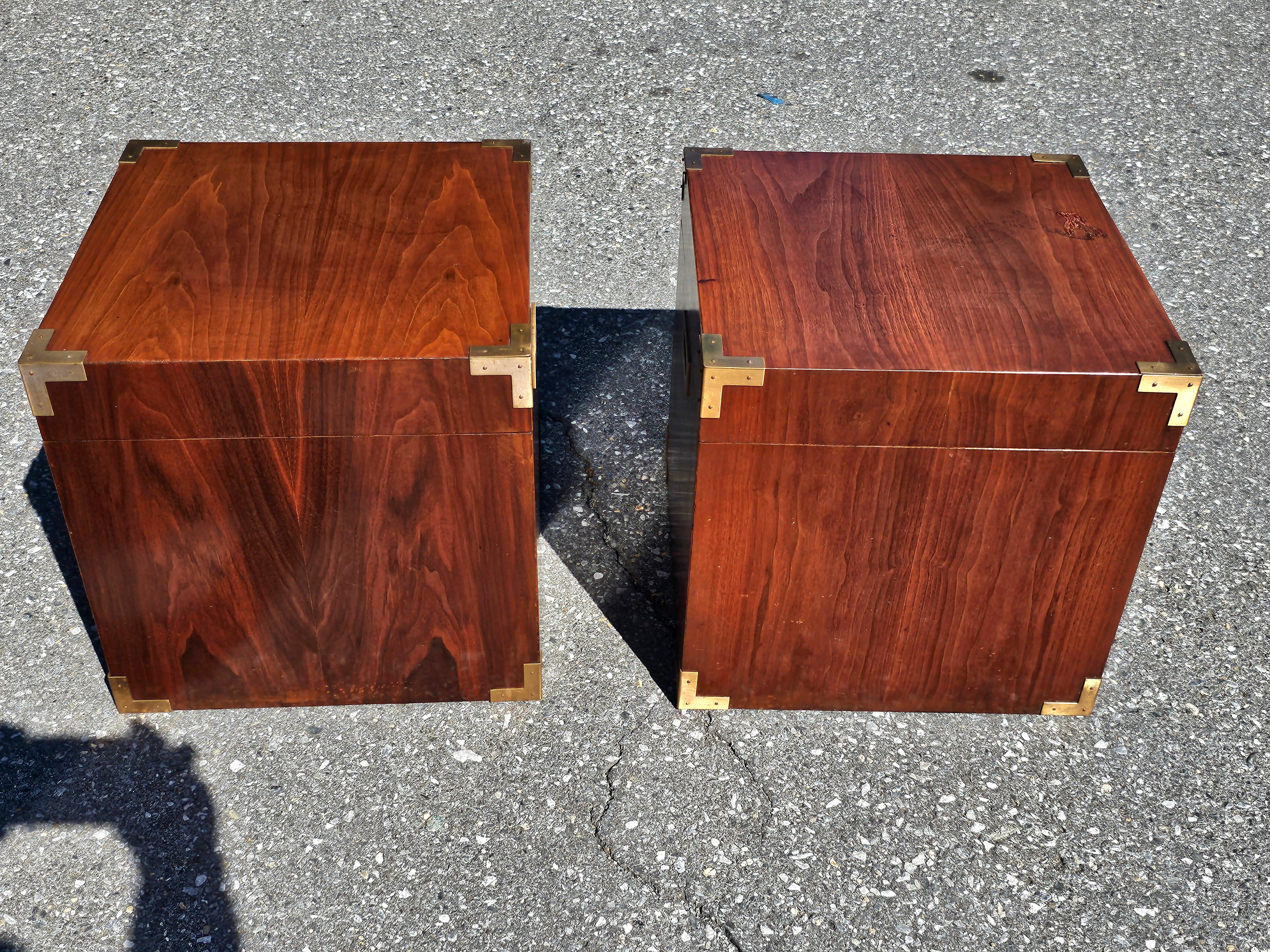 Pair of Mid Century Teak Campaign Style Cubical Side Tables Chests For Sale 4