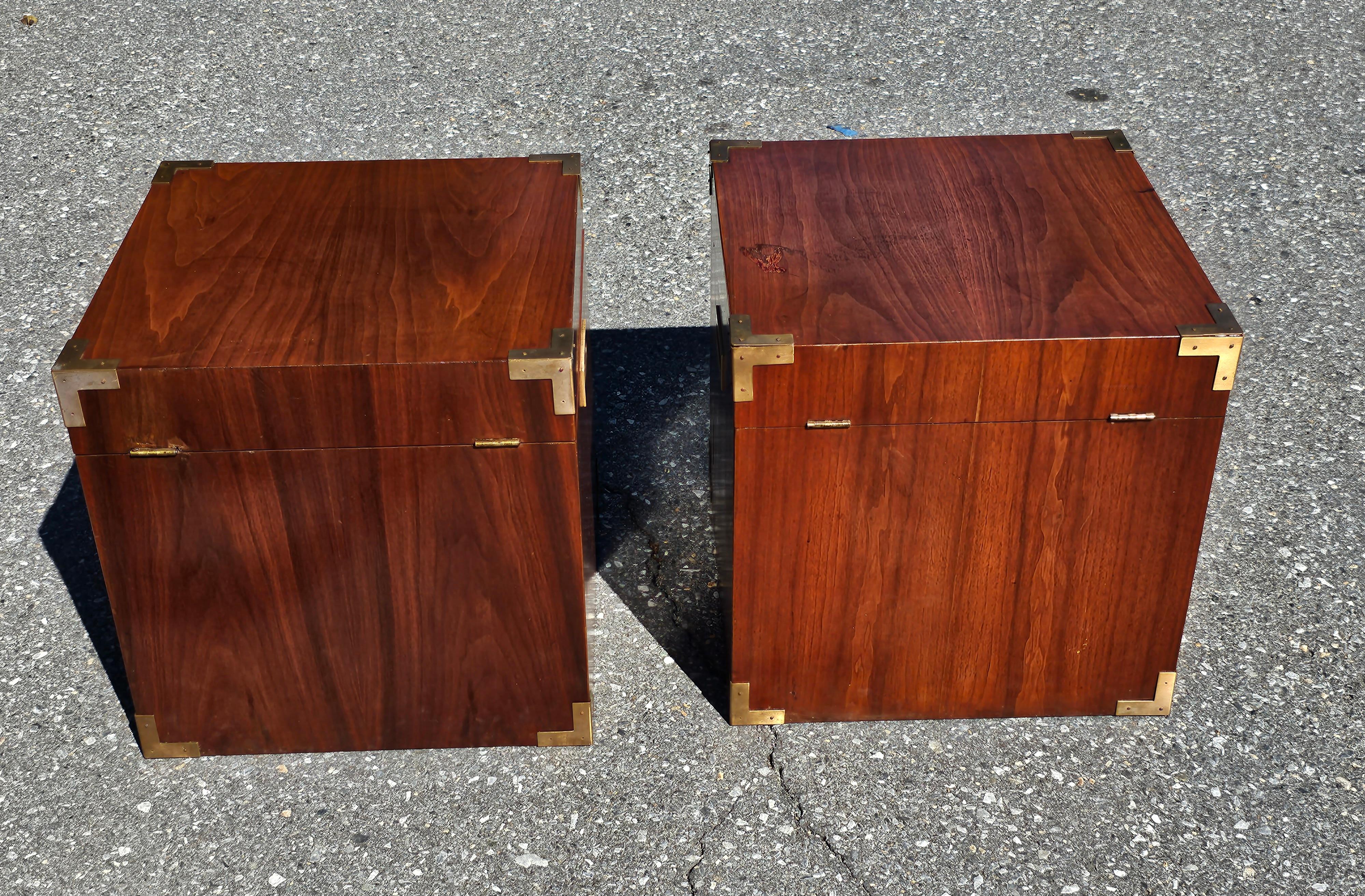 Woodwork Pair of Mid Century Teak Campaign Style Cubical Side Tables Chests For Sale