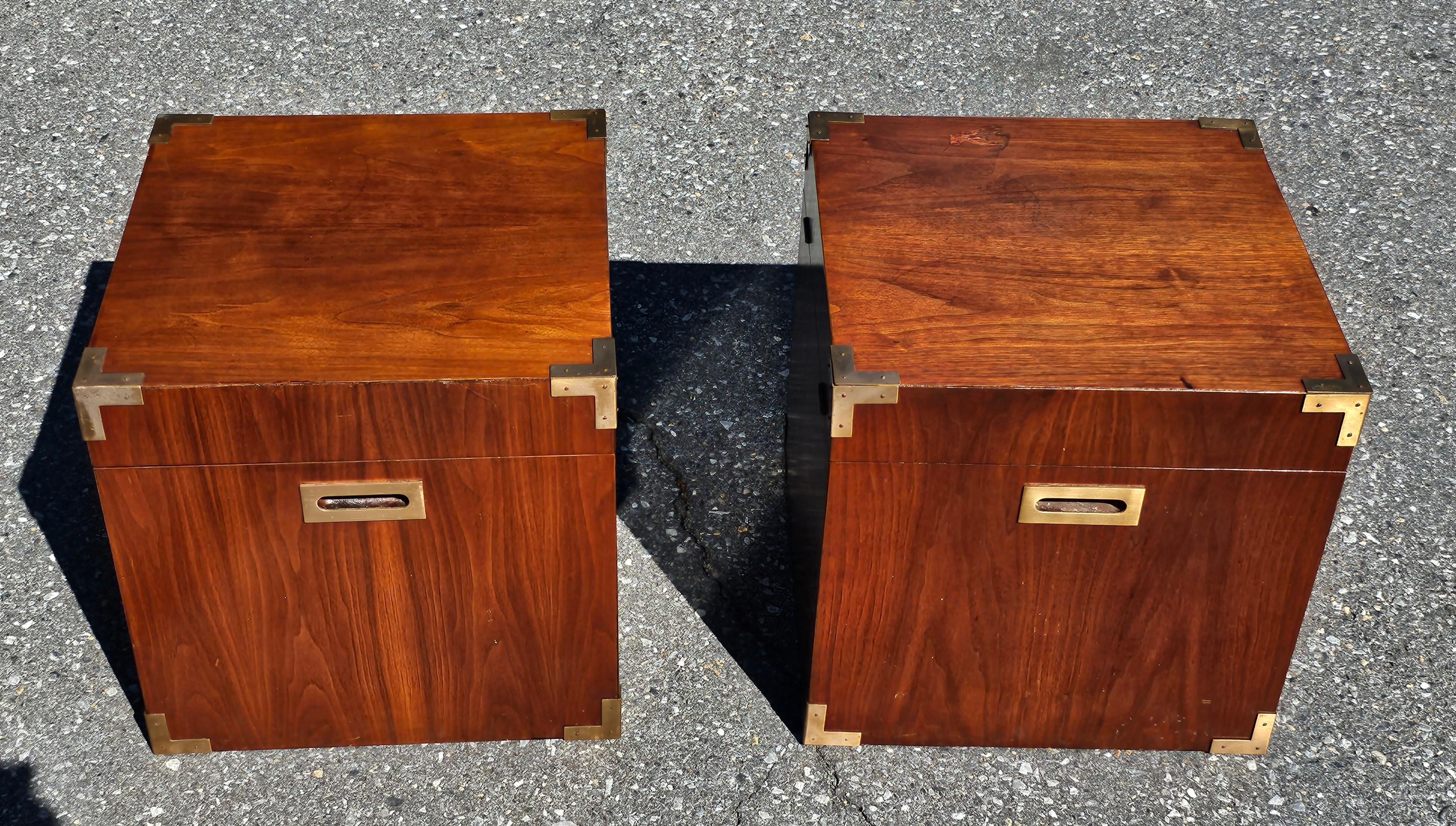 Pair of Mid Century Teak Campaign Style Cubical Side Tables Chests In Good Condition For Sale In Germantown, MD
