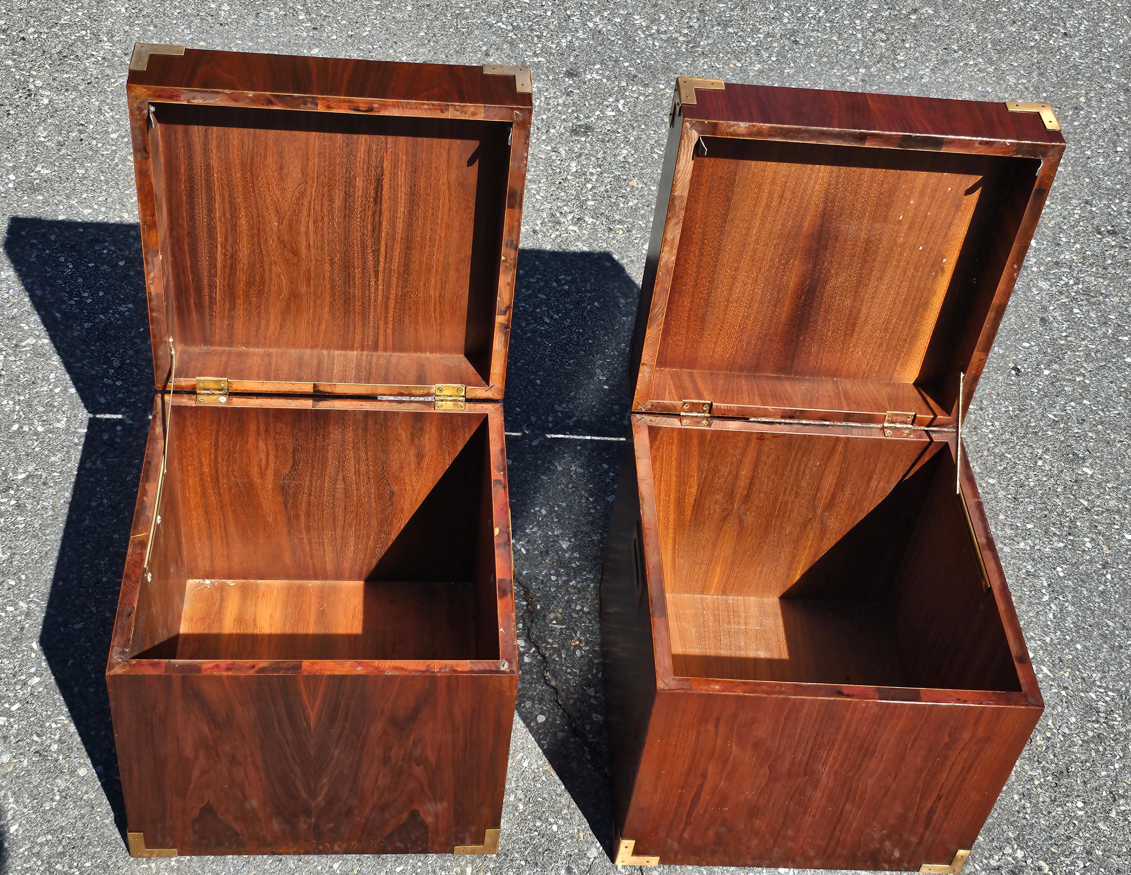 Wood Pair of Mid Century Teak Campaign Style Cubical Side Tables Chests For Sale