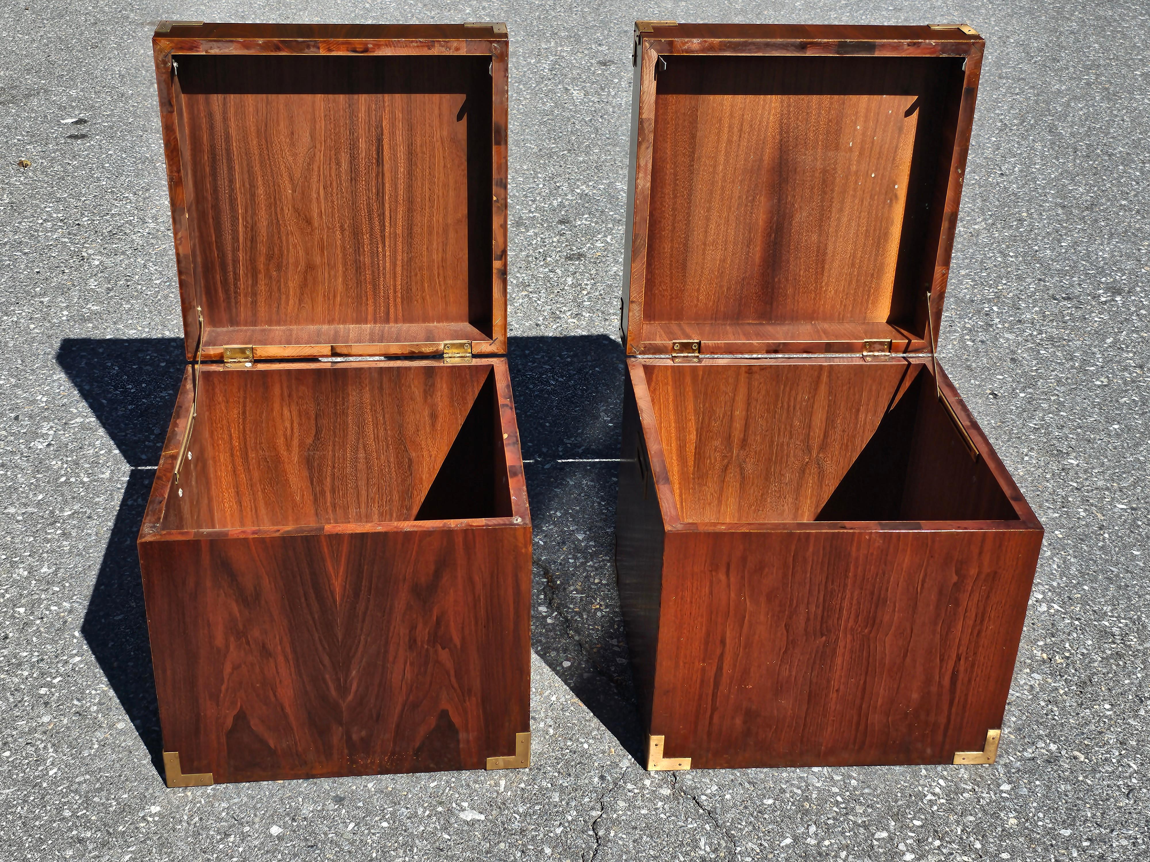 Pair of Mid Century Teak Campaign Style Cubical Side Tables Chests For Sale 1