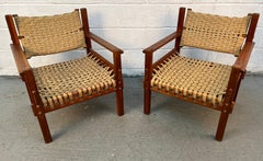 Pair of Mid-Century Teak Danish Woven Raffia Lounge Chairs
