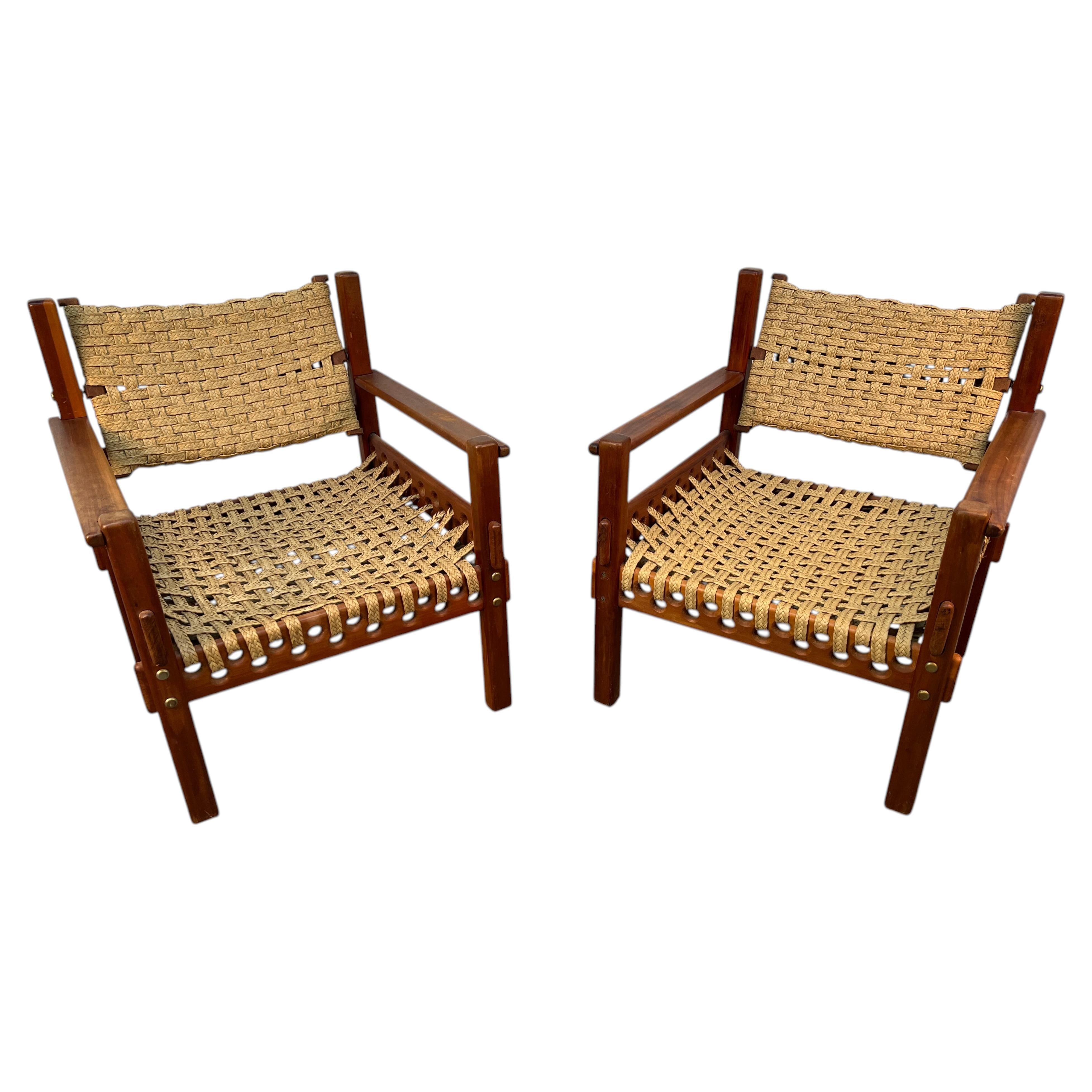 Pair of Mid-Century Teak Danish Woven Raffia Lounge Chairs For Sale
