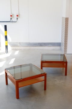 Pair of Mid Century Teak & Smoked Glass Side Coffee Tables / Nightstands