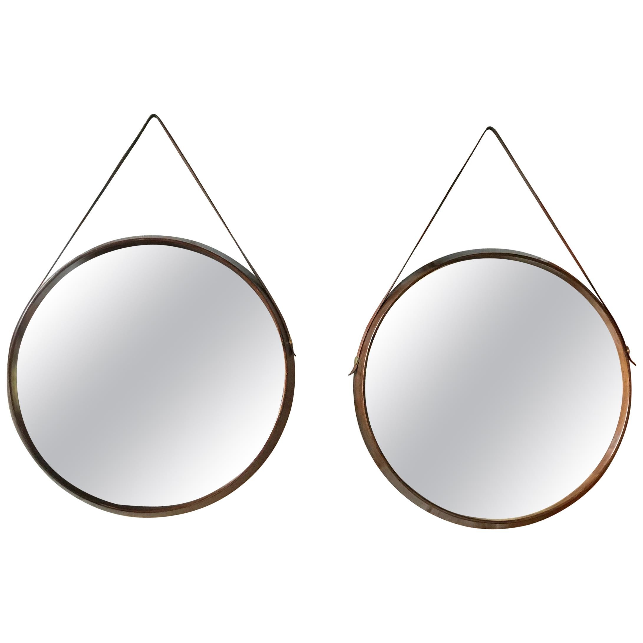 Pair of Midcentury Teak Wall Round Mirrors, 1960s For Sale