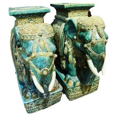 Pair of Mid Century Teal & Gilt Elephant Plant Stands