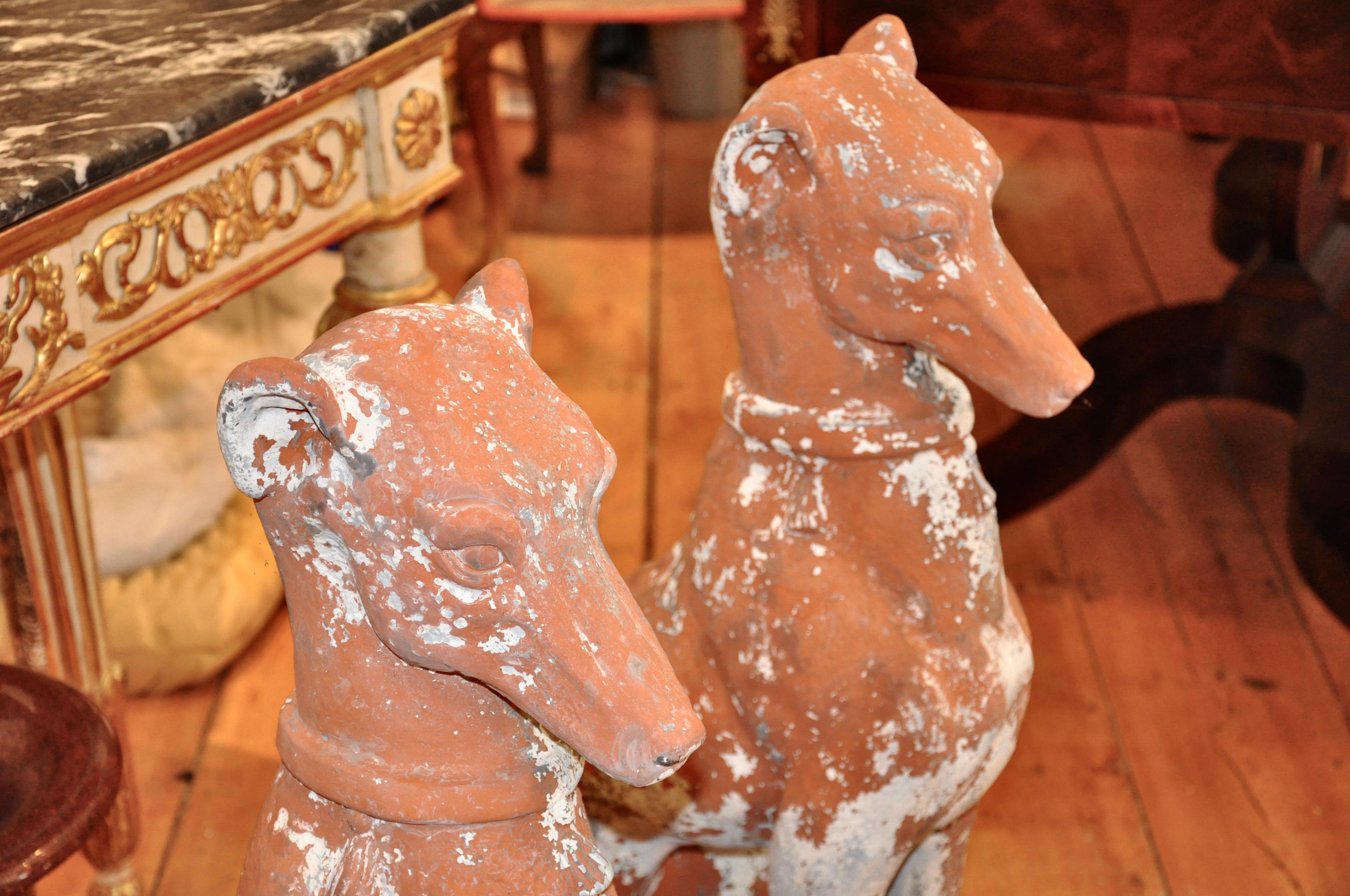 Neoclassical Pair of Midcentury Terracotta Dog Garden Statues