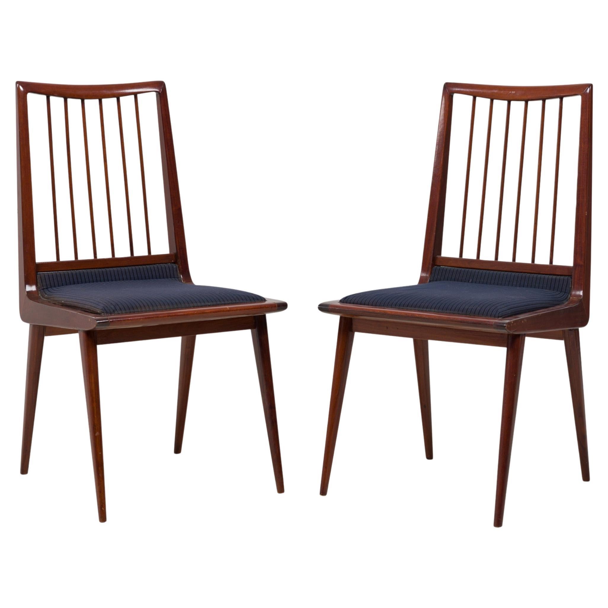 Pair of Midcentury Textured Blue Stripe Upholstered Side Chairs For Sale