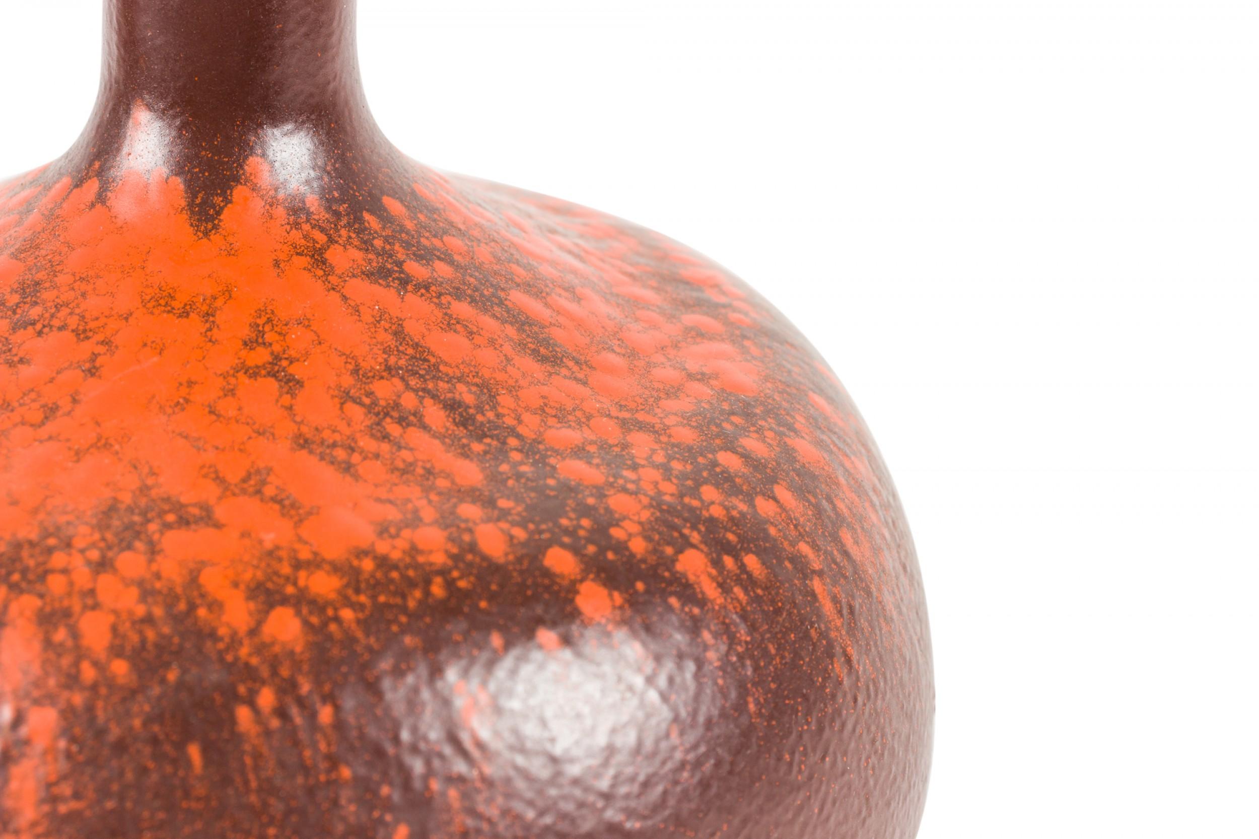 Mid-Century Modern Pair of Mid-Century Textured Brown and Orange Speckled Glazed Ceramic Vase For Sale