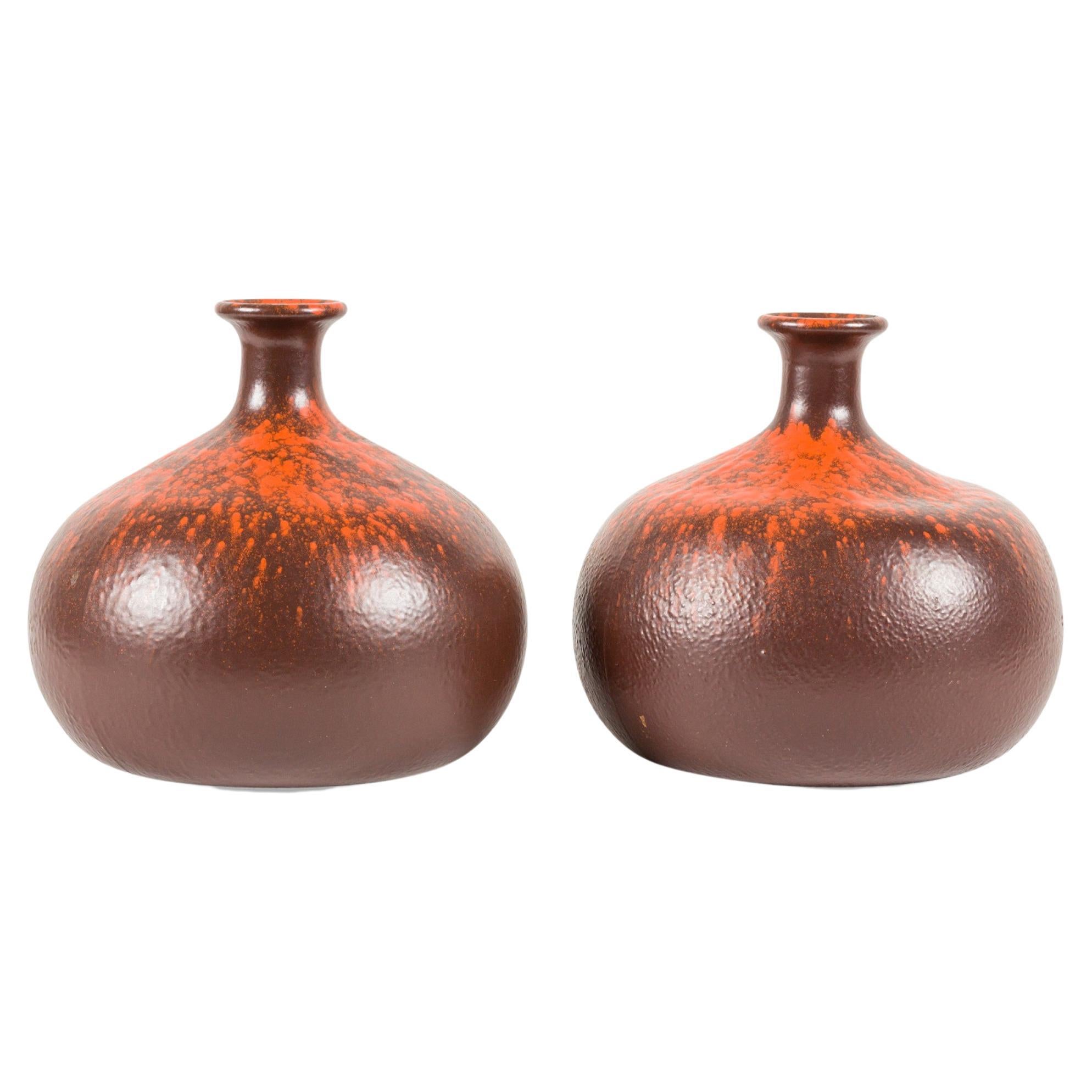 Pair of Mid-Century Textured Brown and Orange Speckled Glazed Ceramic Vase For Sale