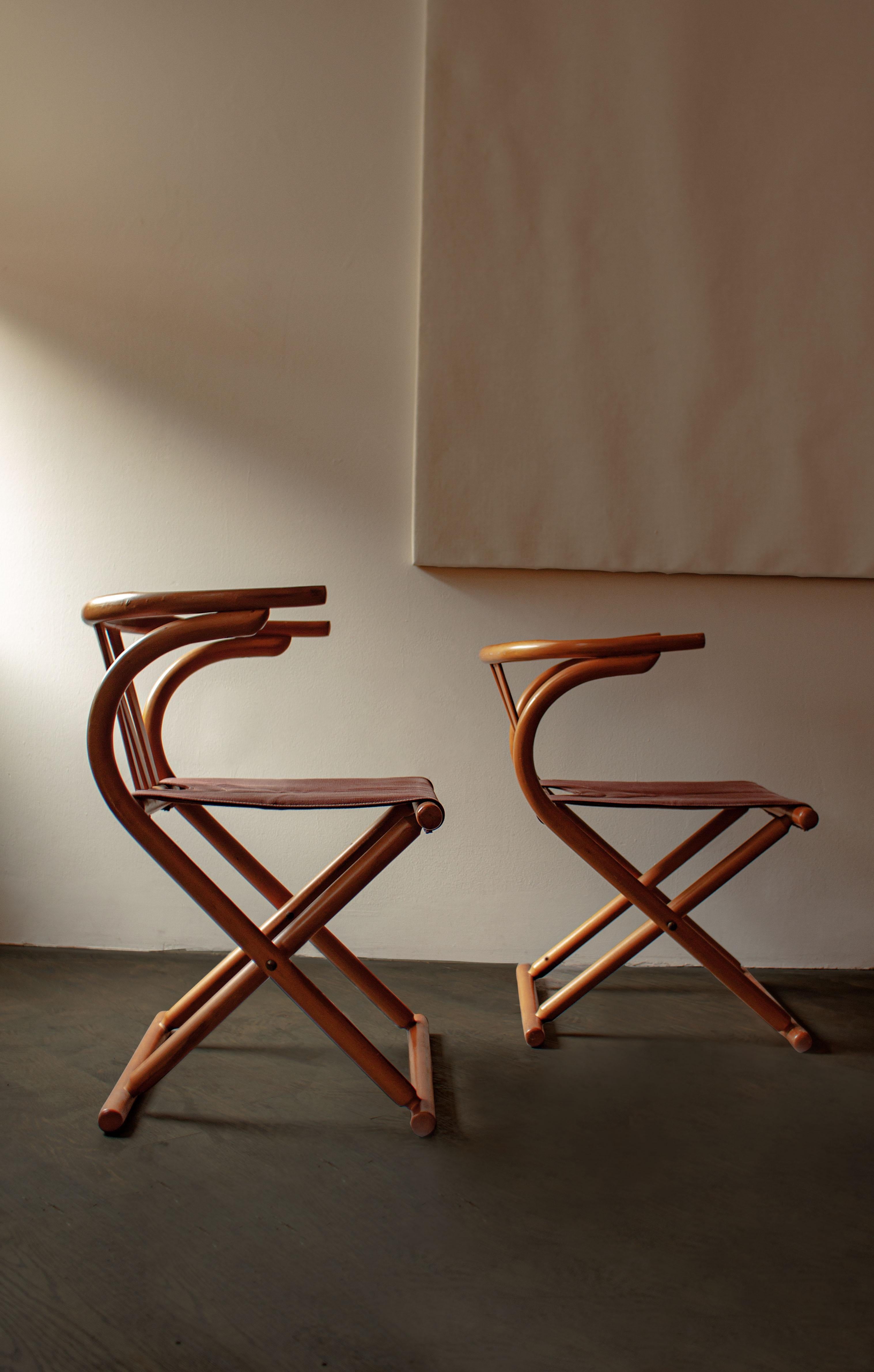 Hand-Woven Pair of Mid Century Thonet Style Bentwood Folding Chairs For Sale