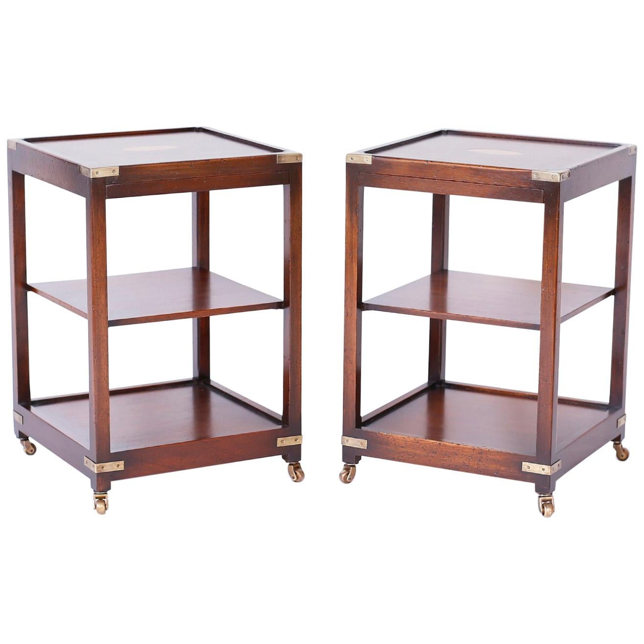 Pair of Midcentury Three Tiered Campaign Style Tables or Stands with Pullouts