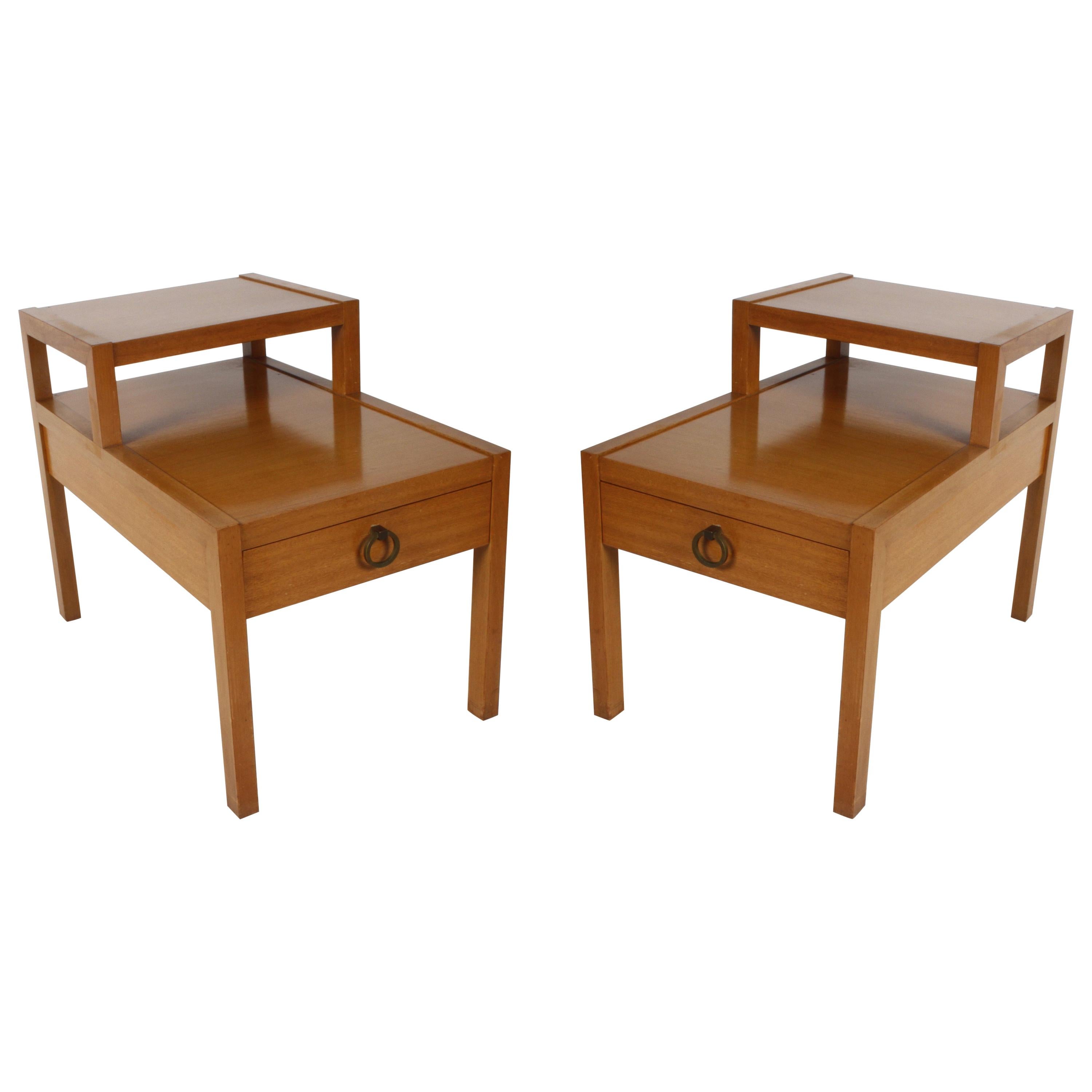 Pair of Mid-Century Tiered End Tables with Drawer and Ring Pull