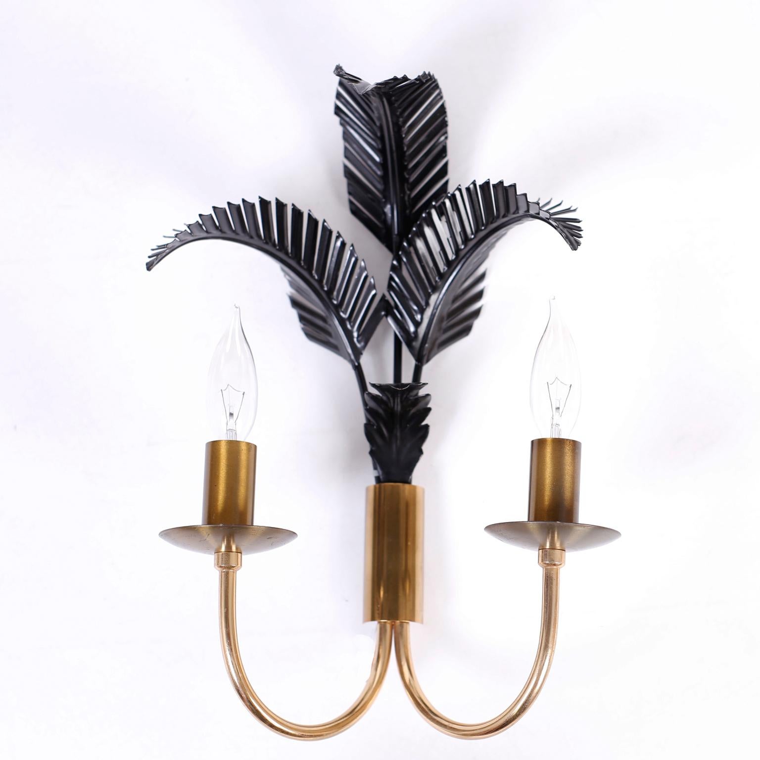 Mid-Century Modern Pair of Mid Century Tole and Brass Palm Leaf Wall Sconces