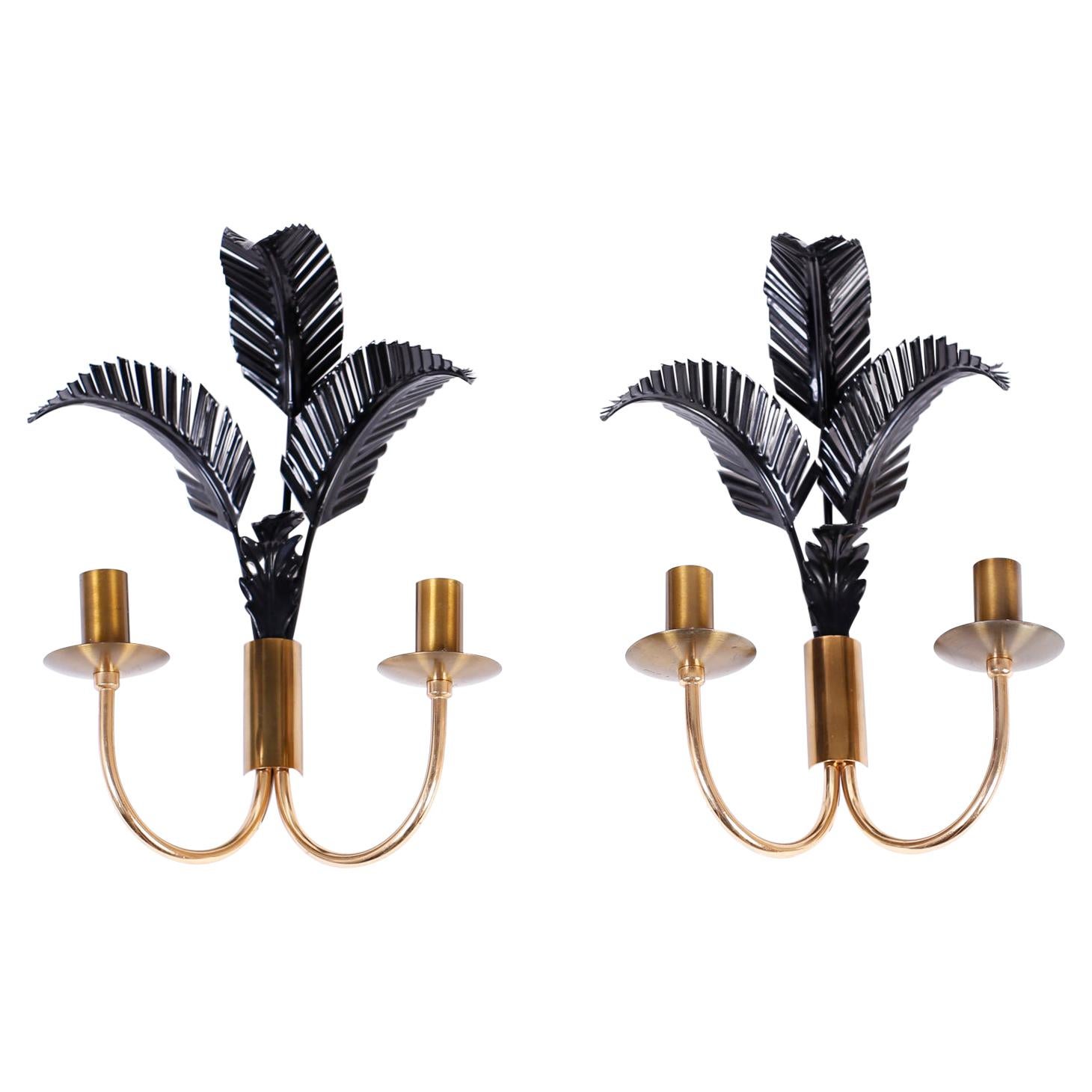 Pair of Mid Century Tole and Brass Palm Leaf Wall Sconces