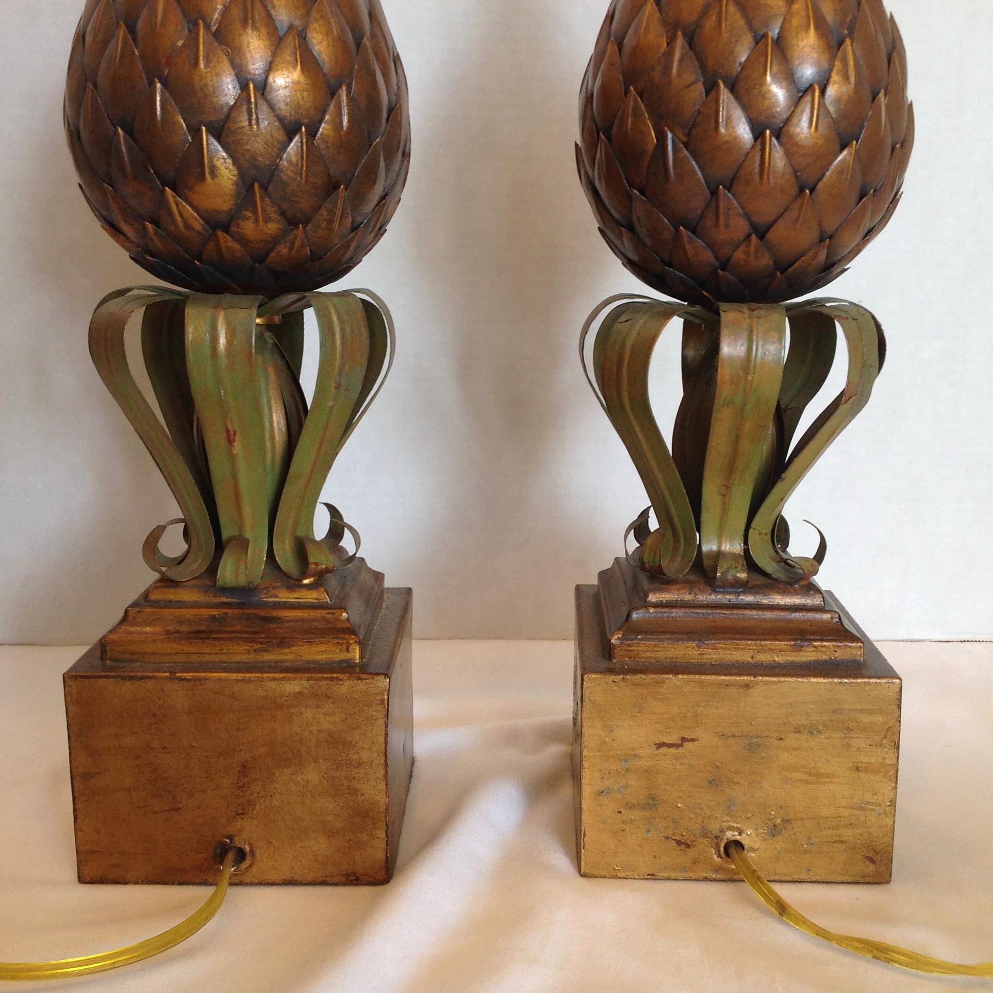 Metal Pair of Midcentury Tole Pineapple Lamps For Sale