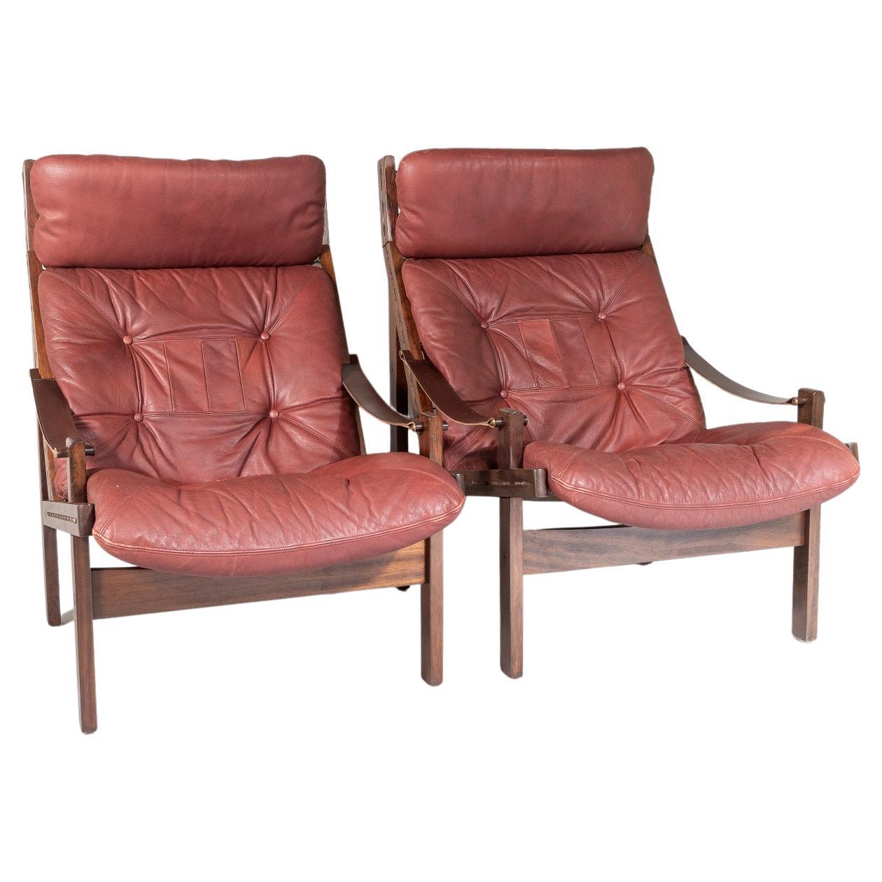Paar Torbjørn Afdal Hunter-Safari Lounge-Sessel mit hoher Rückenlehne aus Leder aus der Mitte des Jahrhunderts