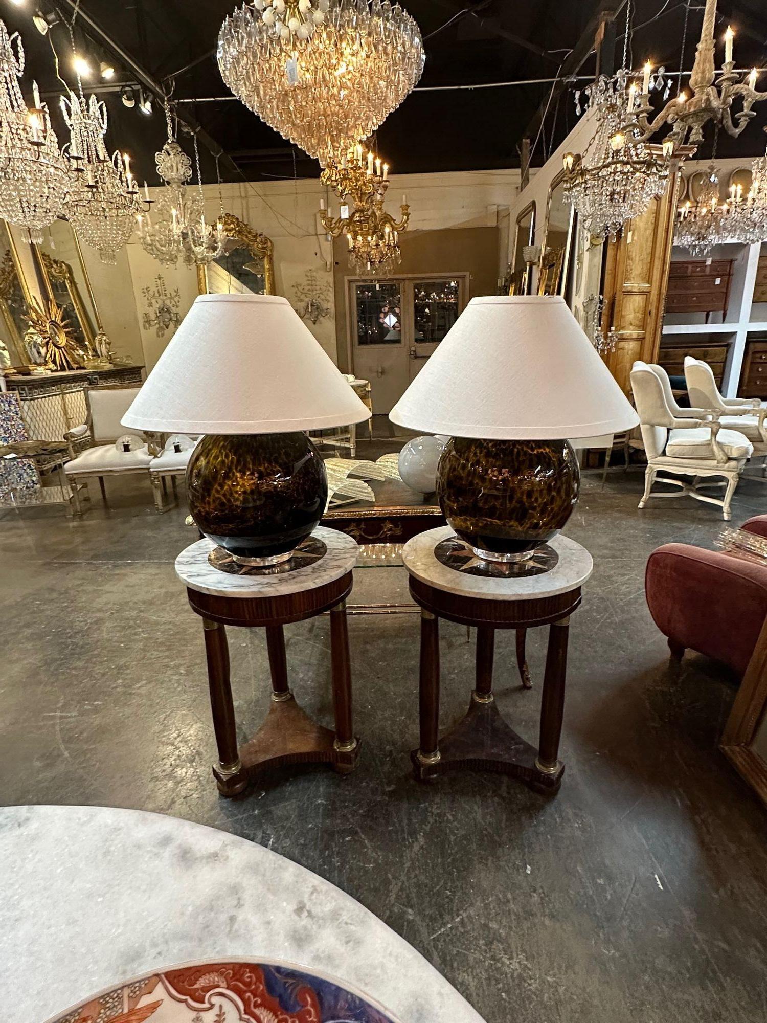 Nice pair of Mid-Century large scale tortoise glass lamps from Denmark. Circa 1970. Sure to make a statement!.