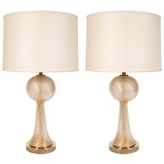 Pair of Mid Century Translucent Murano 24kt Gold Twill Glass Lamps by Seguso