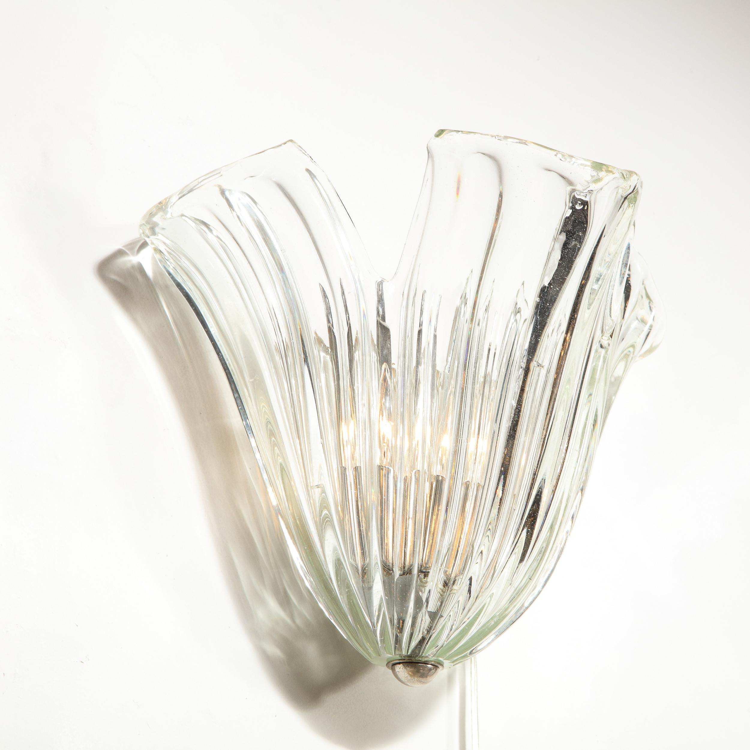 Murano Glass Pair of Mid Century Translucent Stylized Anemone Sconces by Barovier e Toso