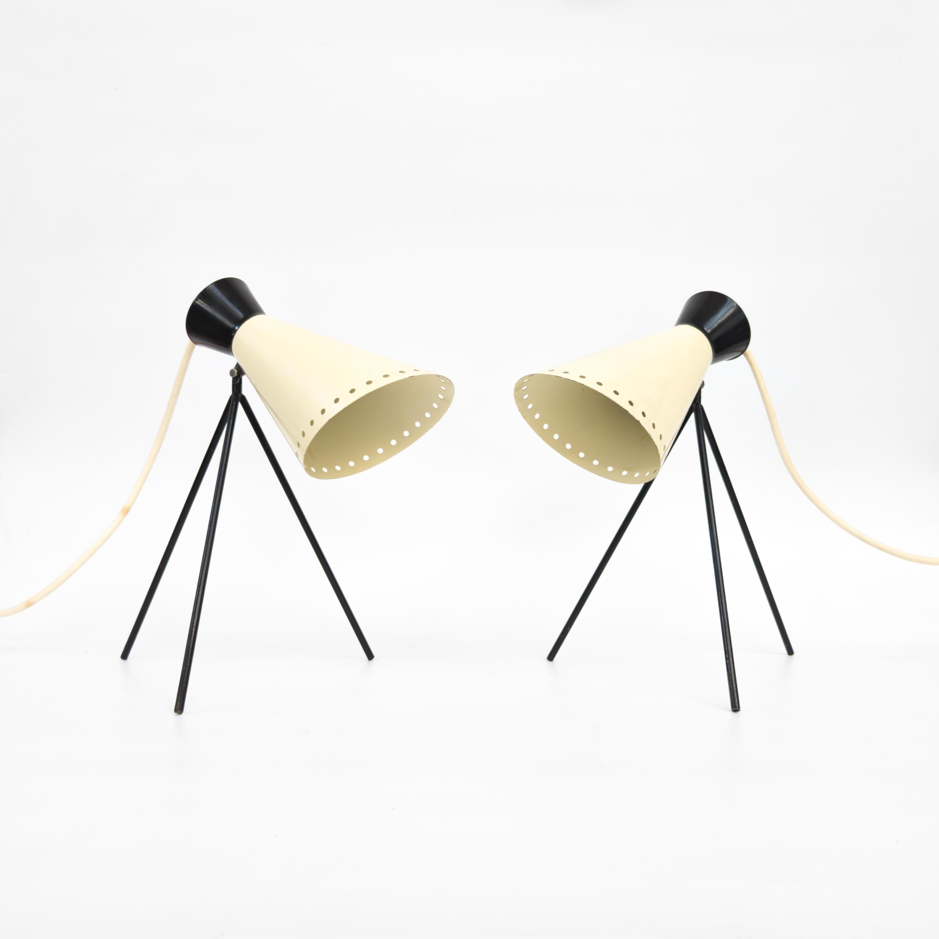 Fantastic mid-century modern tripod table lamps designed by Josef Hurka. Featuring a beautiful 1950s design in the classic beige and black color scheme. Crafted by Napako in Czech Republic, these lamps stand as an absolute design classic from the