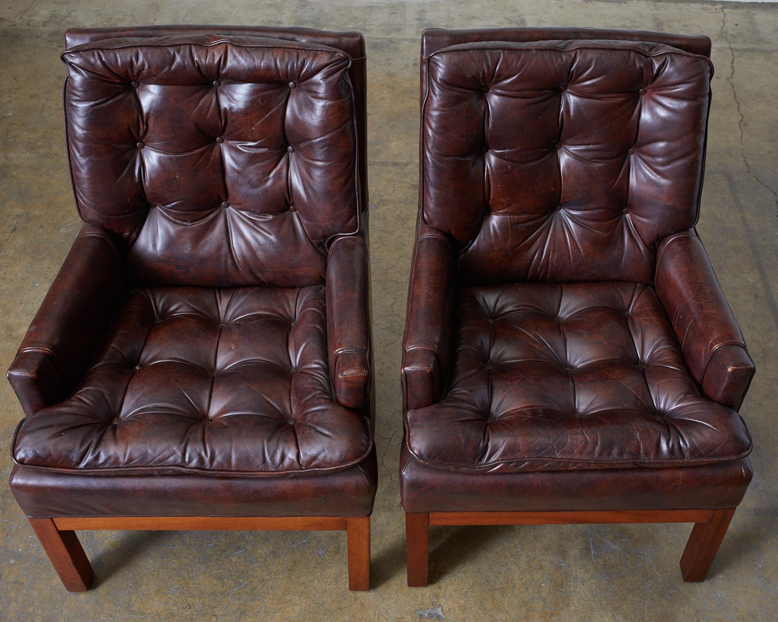 Wood Pair of Midcentury Tufted Leather Library Chairs
