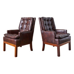 Pair of Midcentury Tufted Leather Library Chairs