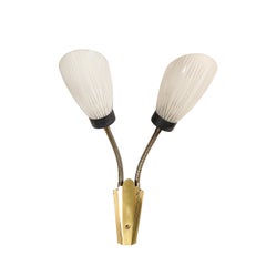 Pair of Mid-Century Tulip Form Articulating Frosted Glass & Brass Fitted Sconces