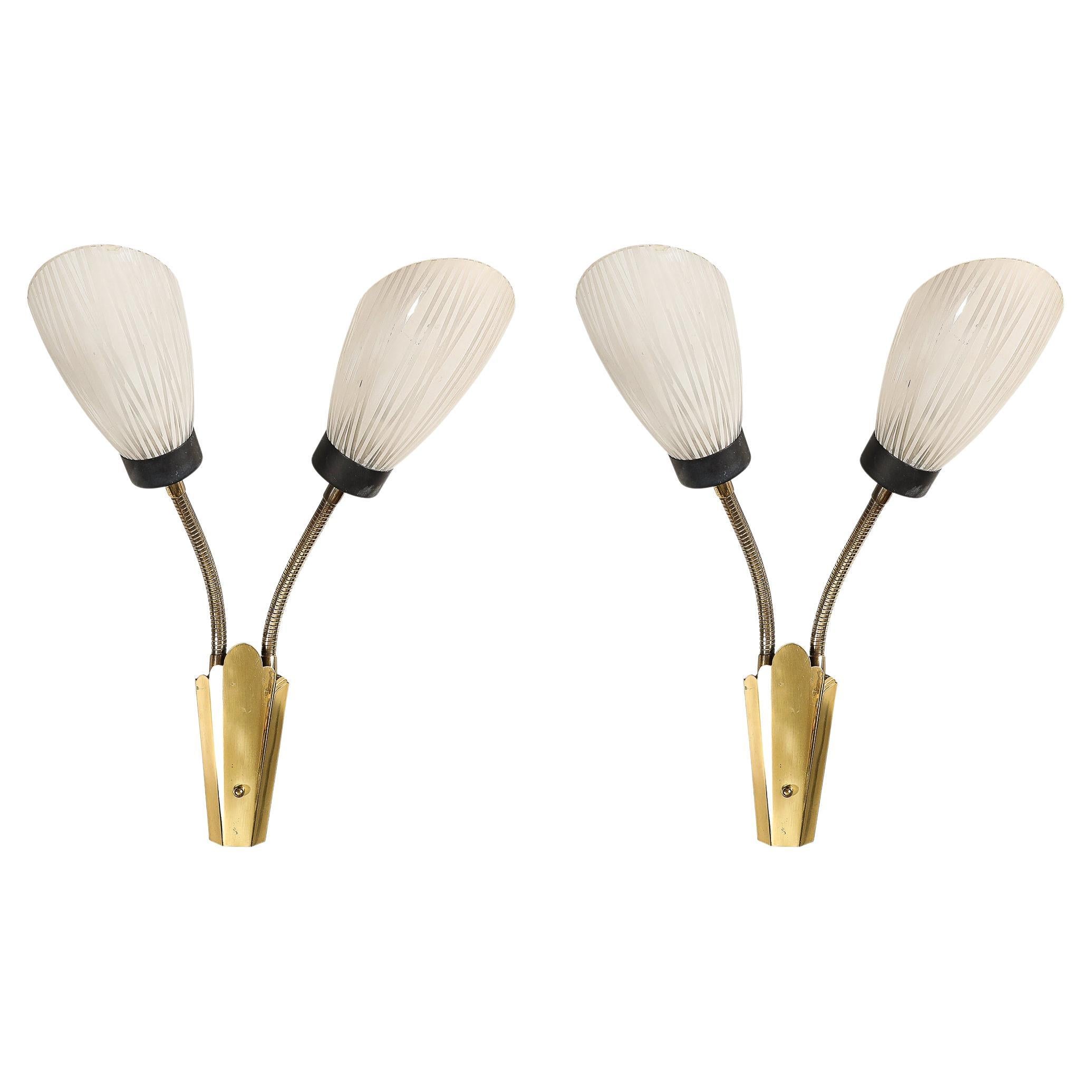 Pair of Mid-Century Tulip Form Articulating Frosted Glass & Brass Fitted Sconces