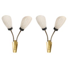 Pair of Mid-Century Tulip Form Articulating Frosted Glass & Brass Fitted Sconces