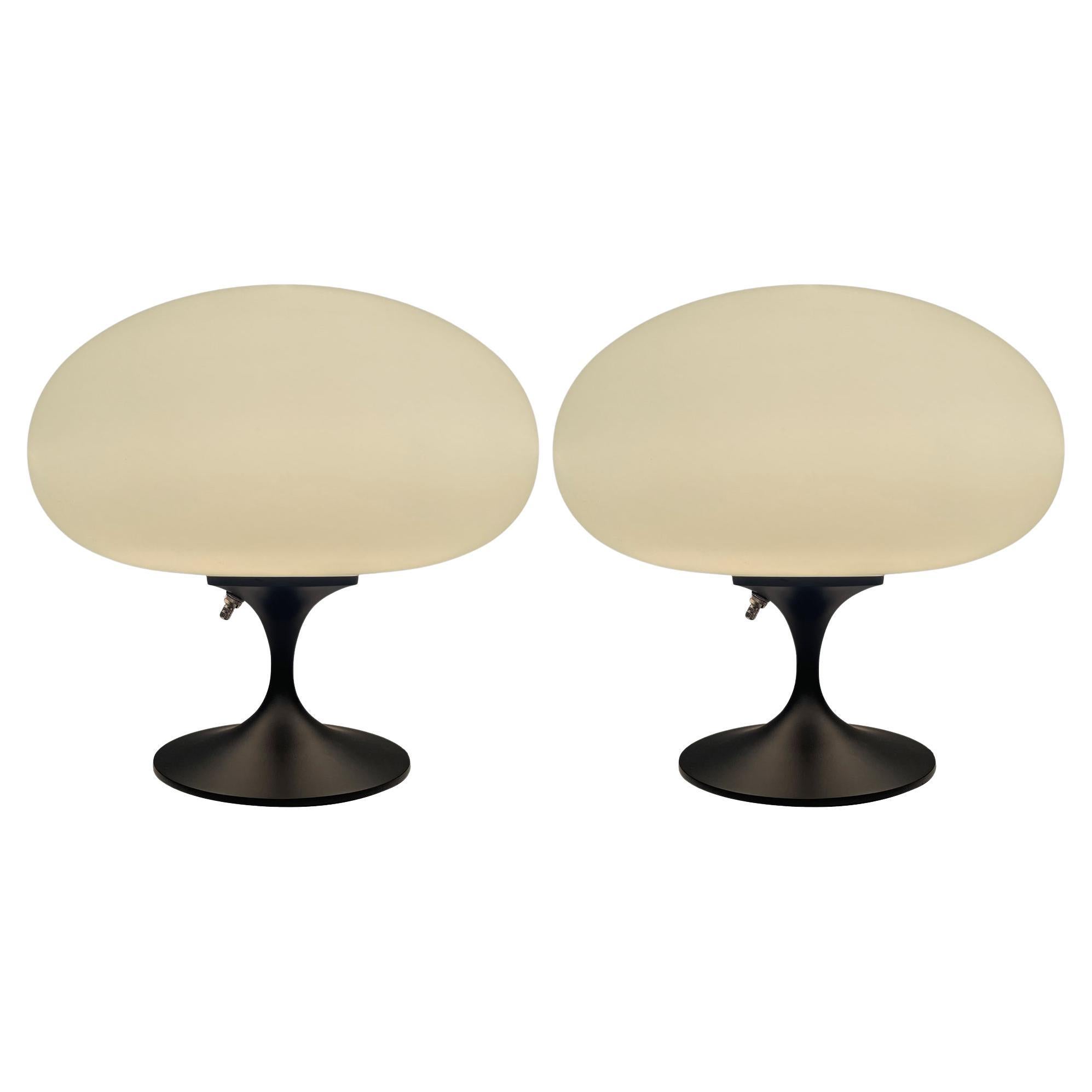 Pair of Mid Century Mushroom Table Lamps by Design Line in Black & White Glass
