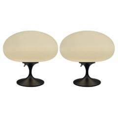Pair of Mid Century Mushroom Table Lamps by Designline in Black & White Glass