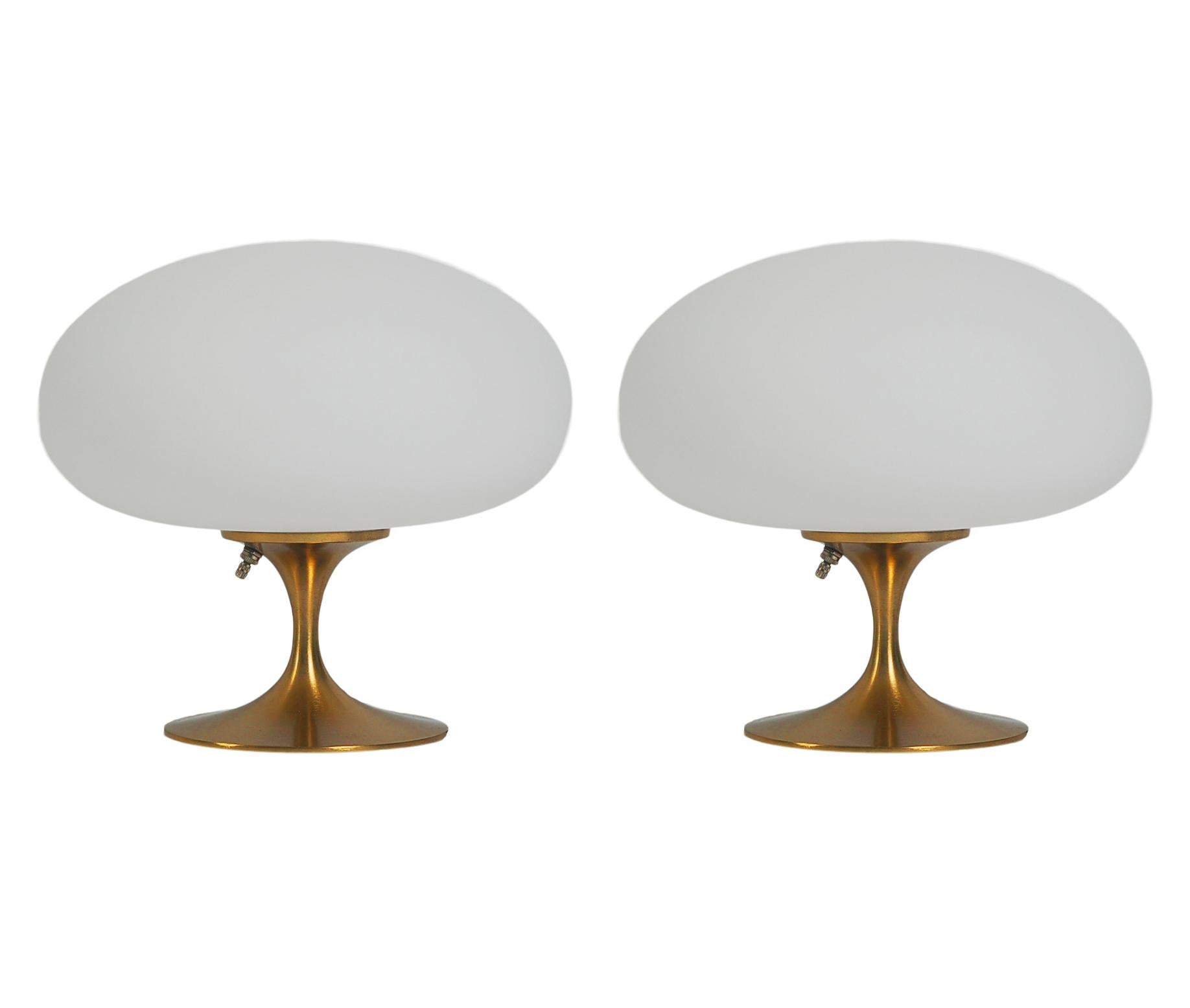 Indian Pair of Mid Century Table Lamps by Designline in Brass / Gold & White Glass For Sale