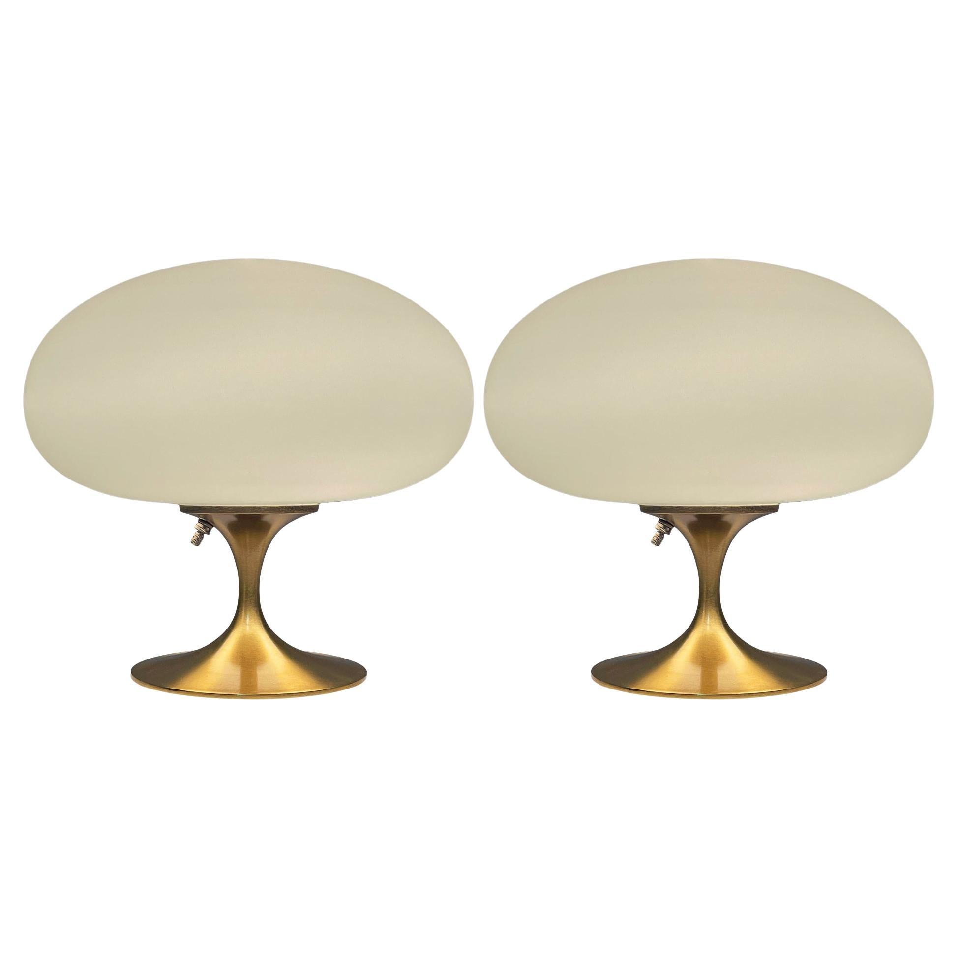 Pair of Mid Century Table Lamps by Designline in Brass / Gold & White Glass For Sale
