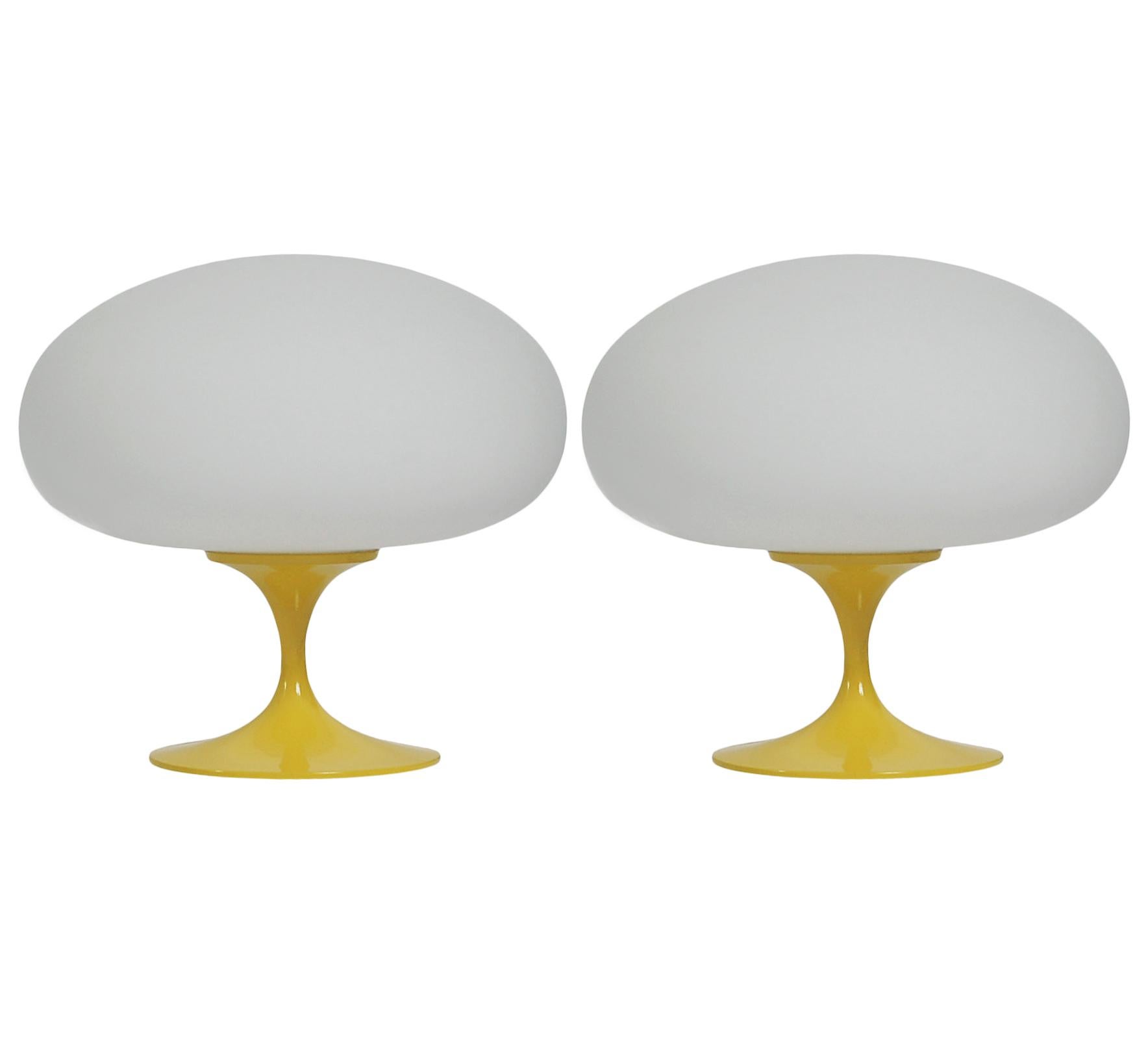 Mid-Century Modern Pair of Mid Century Tulip Mushroom Lamps by Designline in Yellow & White Glass For Sale