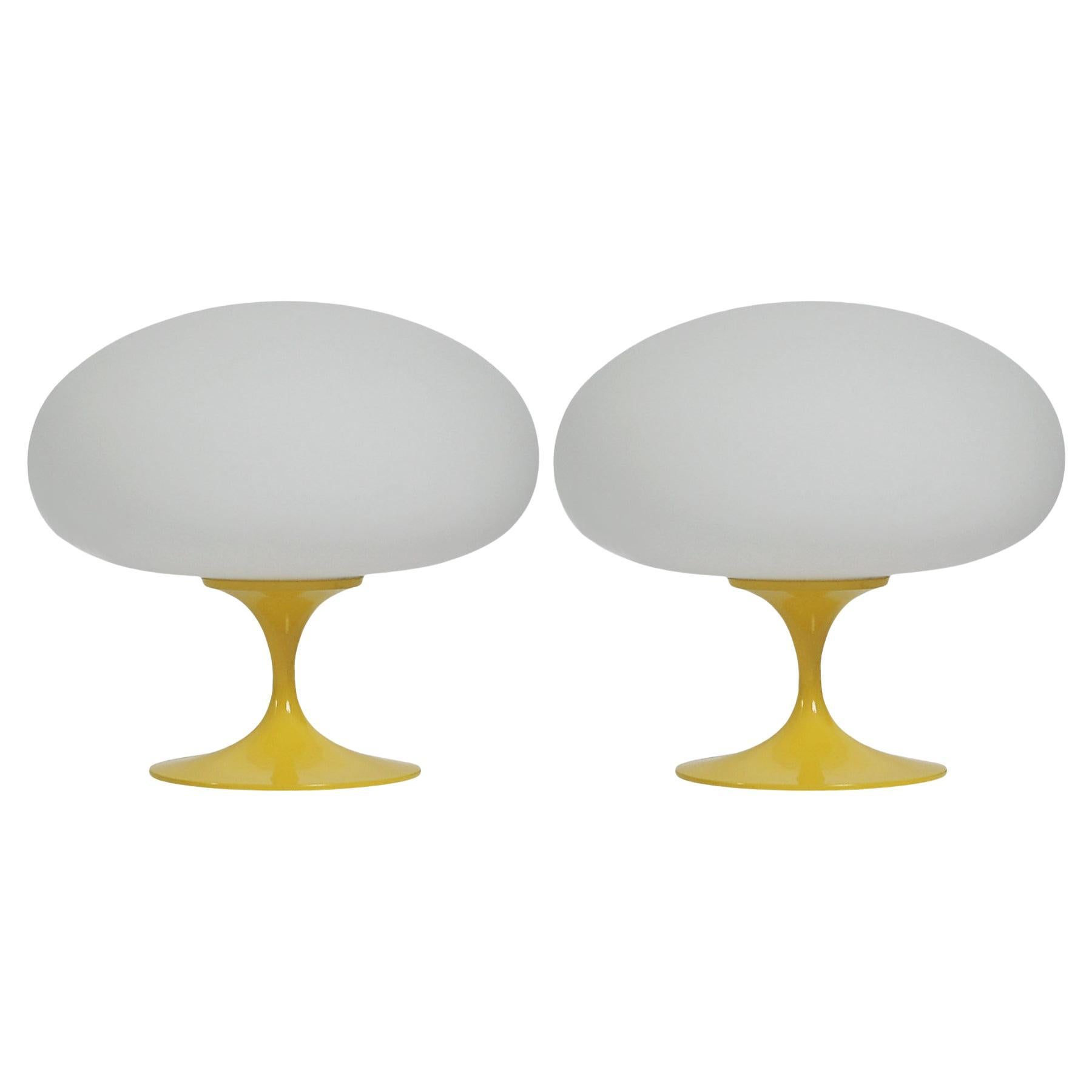 Pair of Mid Century Tulip Mushroom Lamps by Design Line in Yellow & White Glass