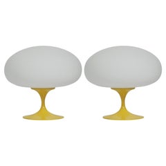 Pair of Mid Century Tulip Mushroom Lamps by Design Line in Yellow & White Glass