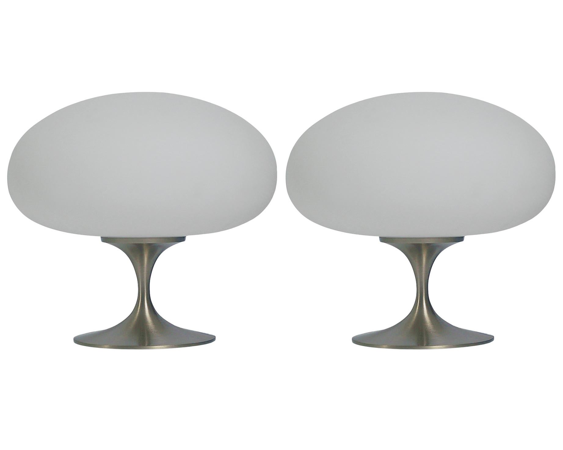 Mid-Century Modern Pair of Mid Century Tulip Stemlite Lamps by Designline in Nickel & White Glass For Sale