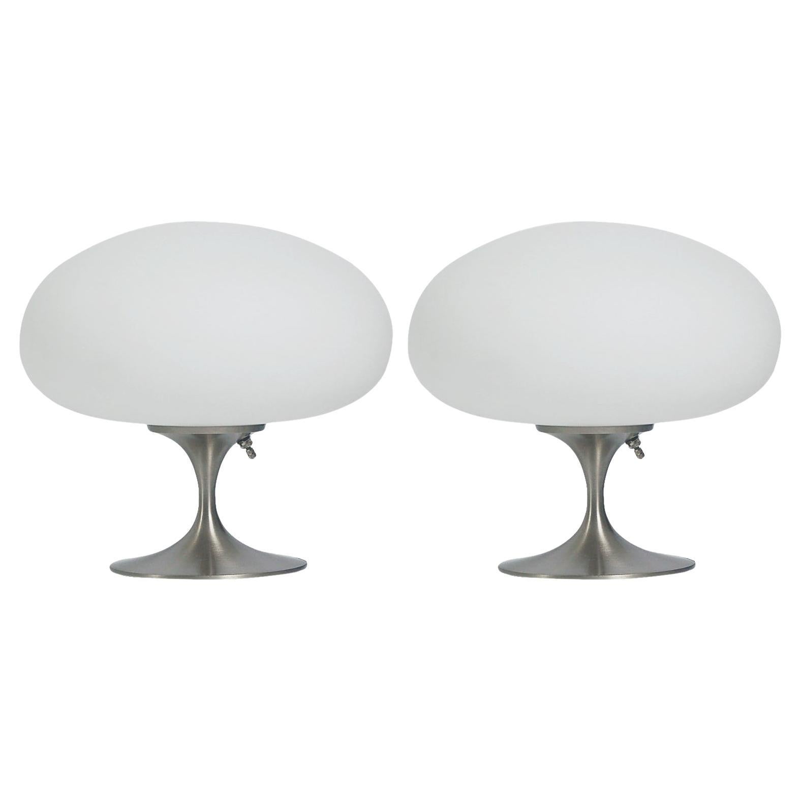 Pair of Mid Century Tulip Stemlite Lamps by Designline in Nickel & White Glass For Sale