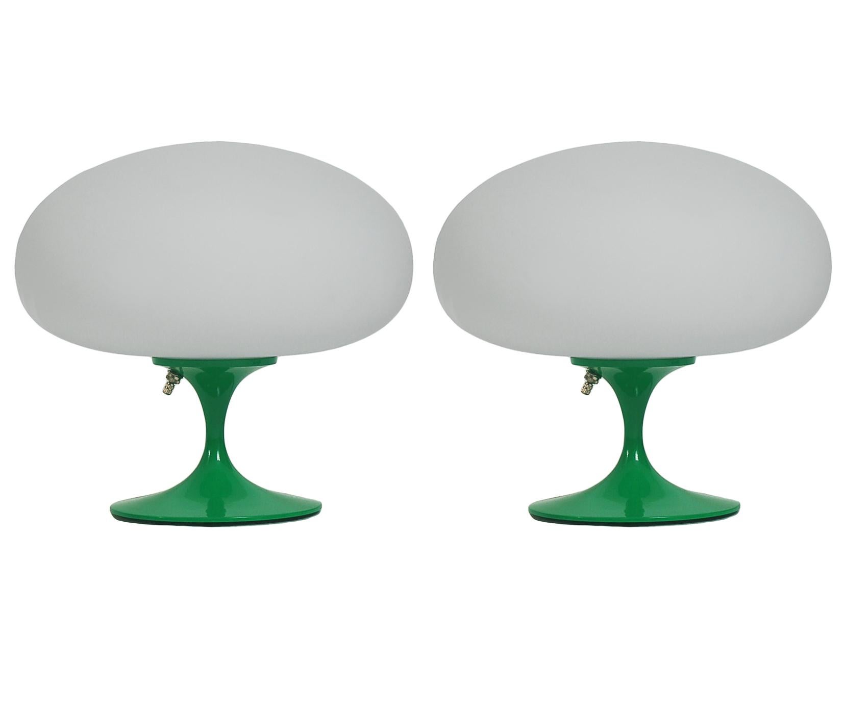 Indian Pair of Mid-Century Tulip Table Lamps by Designline in Green with White Glass For Sale