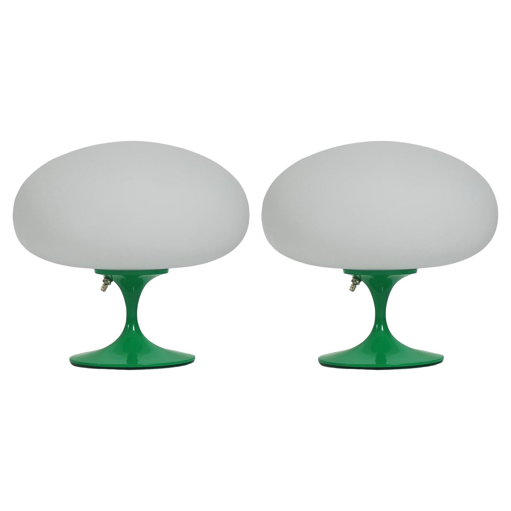 Pair of Mid-Century Tulip Table Lamps by Designline in Green with White Glass For Sale