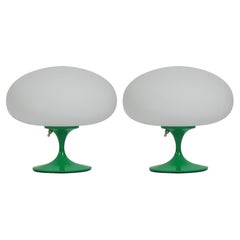 Pair of Mid-Century Tulip Table Lamps by Designline in Green with White Glass