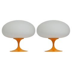 Pair of Mid-Century Tulip Table Lamps by Design Line in Orange on White Glass