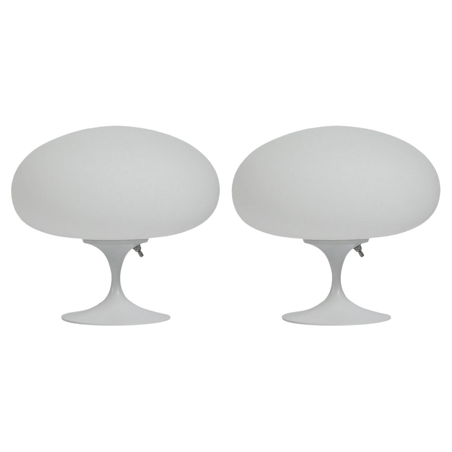 Pair of Mid-Century Tulip Table Lamps by Designline in White on White Glass For Sale