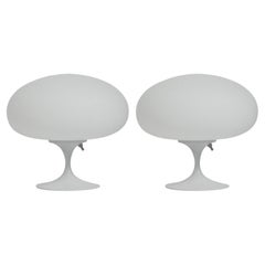 Pair of Mid-Century Tulip Table Lamps by Design Line in White on White Glass