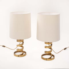 Pair of Mid-Century Turned Brass Table Lamps silk shade by Luciano Frigerio 1960