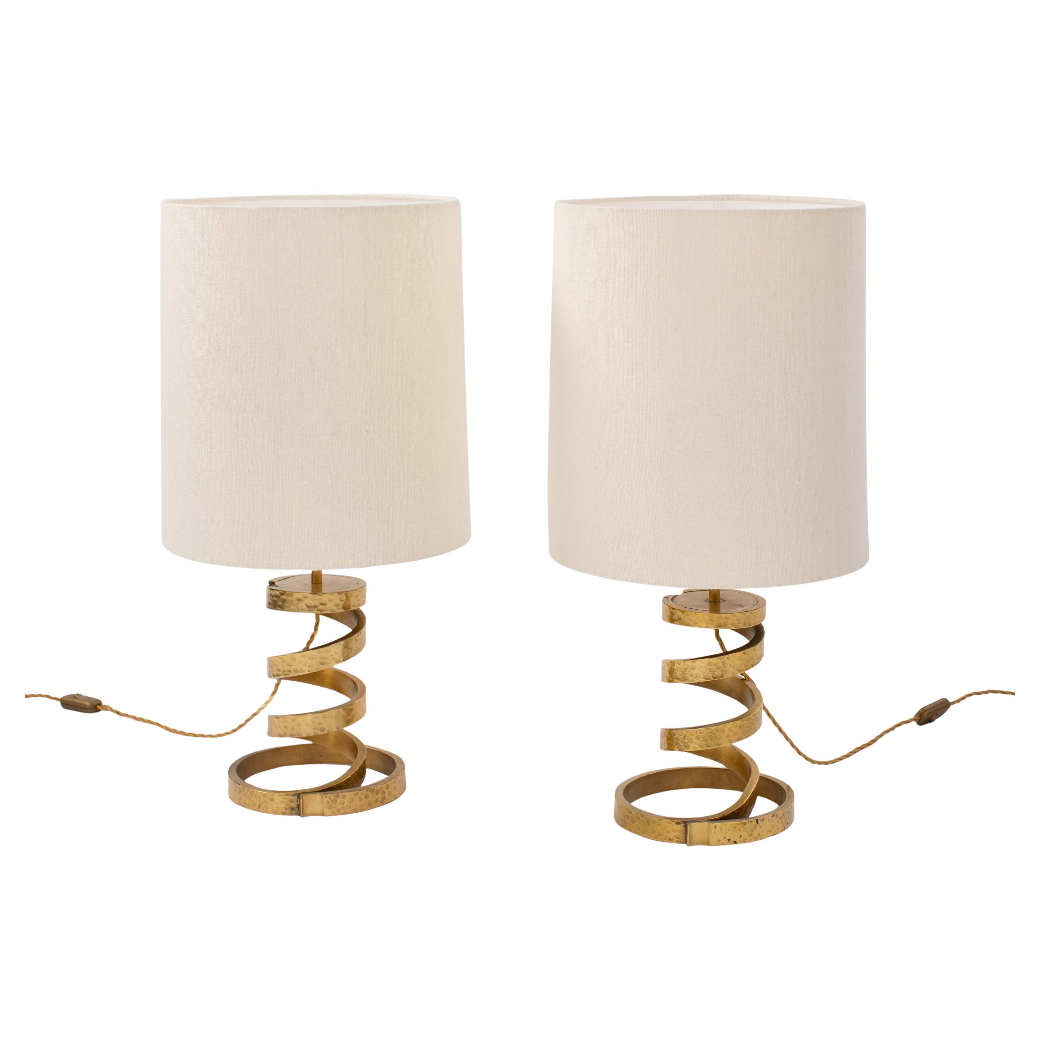 Pair of Mid-Century Turned Brass Table Lamps silk shade by Luciano Frigerio 1960